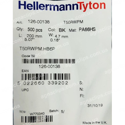 Стяжки 4,7x200 мм. з монтажною головкою Hellerman Tyton 126-00138 U.K.